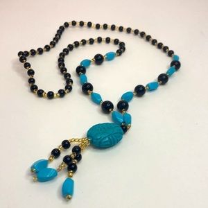 Blue Turquoise And Onyx Gemstone Bead Necklace 28” Long